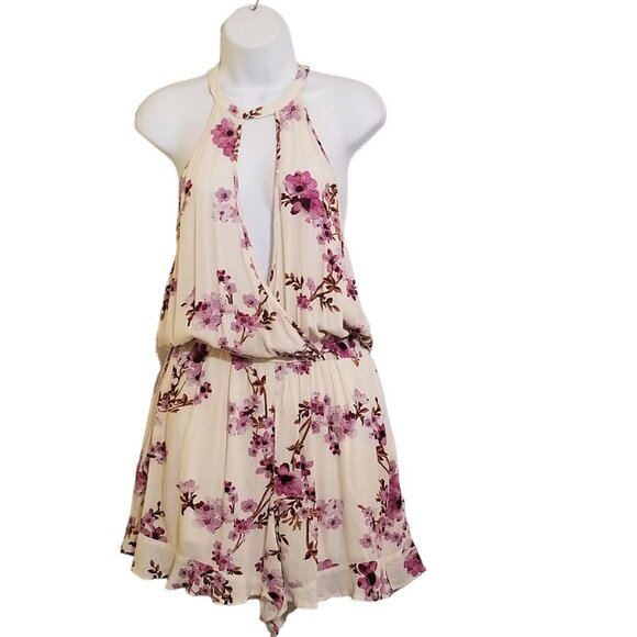 American Eagle Floral Romper M Ivory Purple Sleeveless Boho 1 Piece Playsuit NEW - Picture 1 of 7